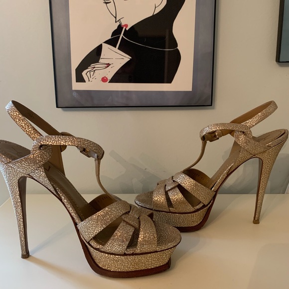 SAINT LAURENT Metallic Gold Tribute Heels Sandal - Picture 6 of 8